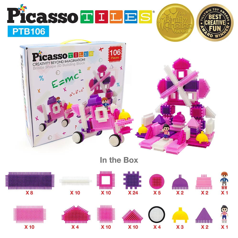 PicassoTiles 106 Piece Pink Castle Themed Bristle Blocks Set