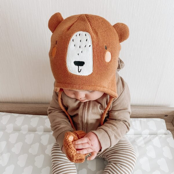 Brown Bear Wooly Hat and Mittens Set