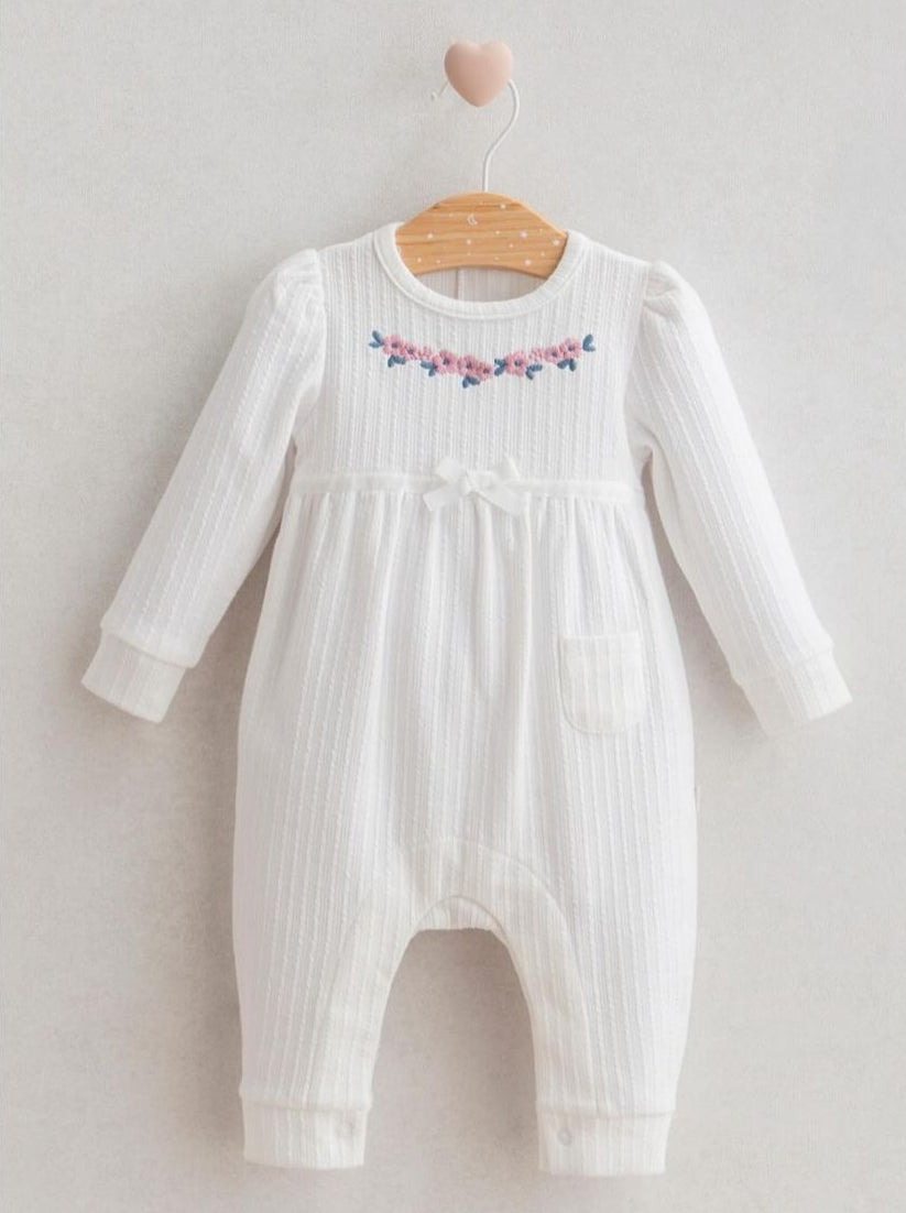 Fine Cable White Romper with Flowers