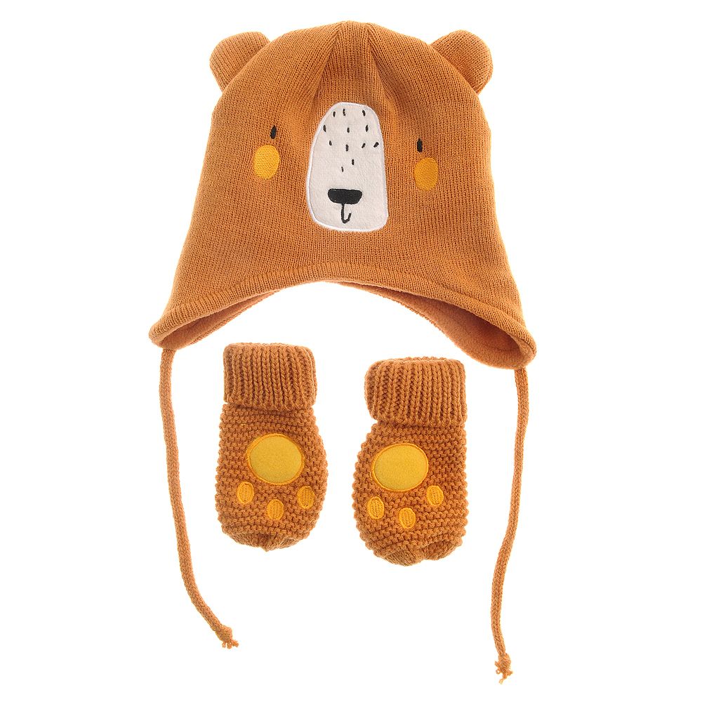 Brown Bear Wooly Hat and Mittens Set