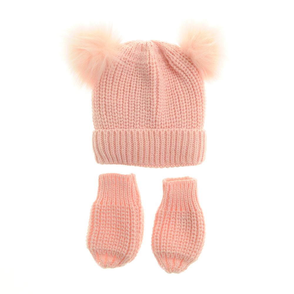 Pink Double Bobble Hat and Mittens Set