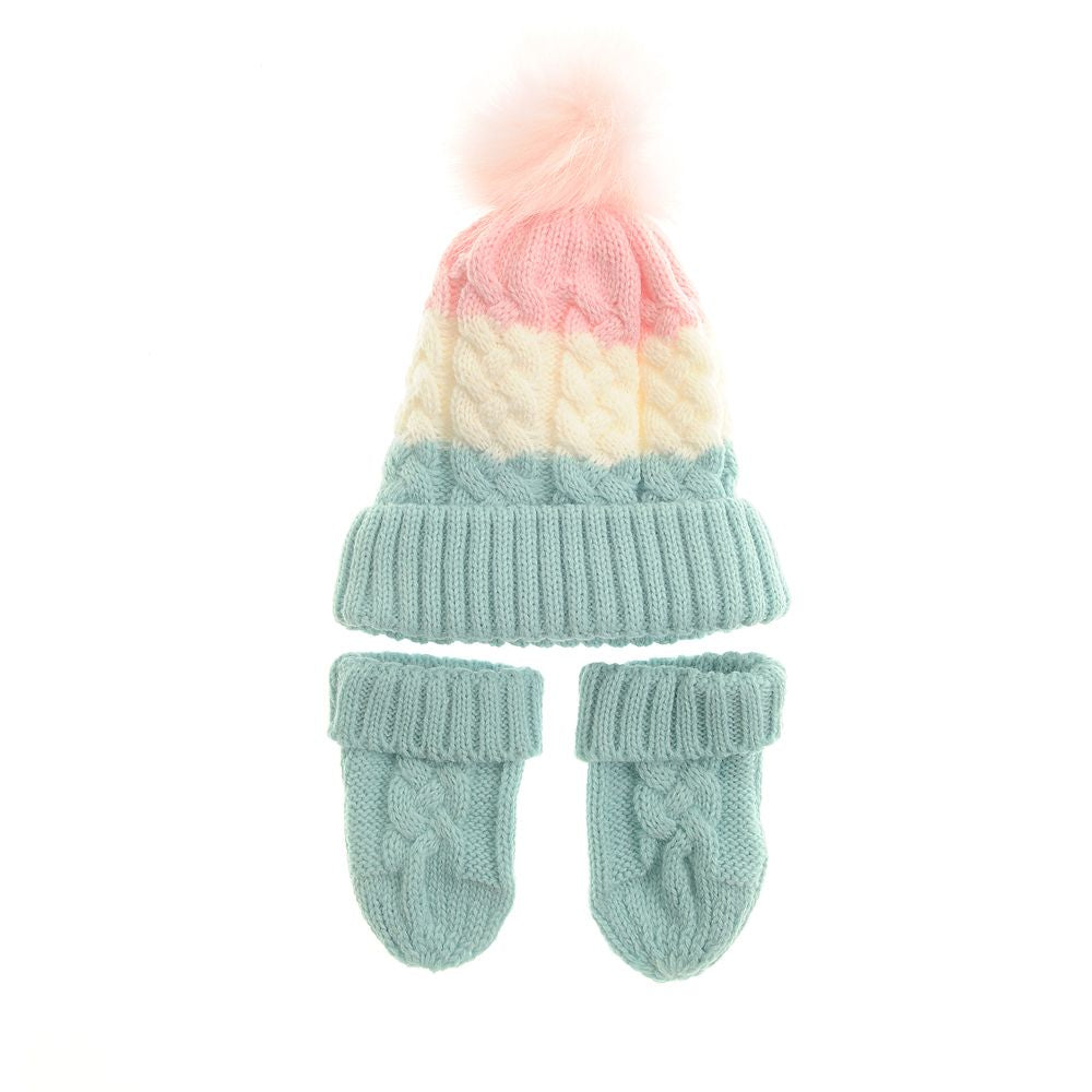 Pink, White, Mint Cable Knit Bobble Hat and Mittens Set