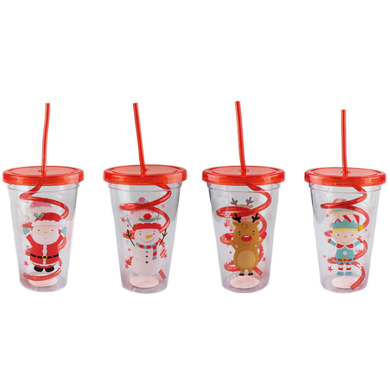 Christmas Cups with Lid and Curly Straw