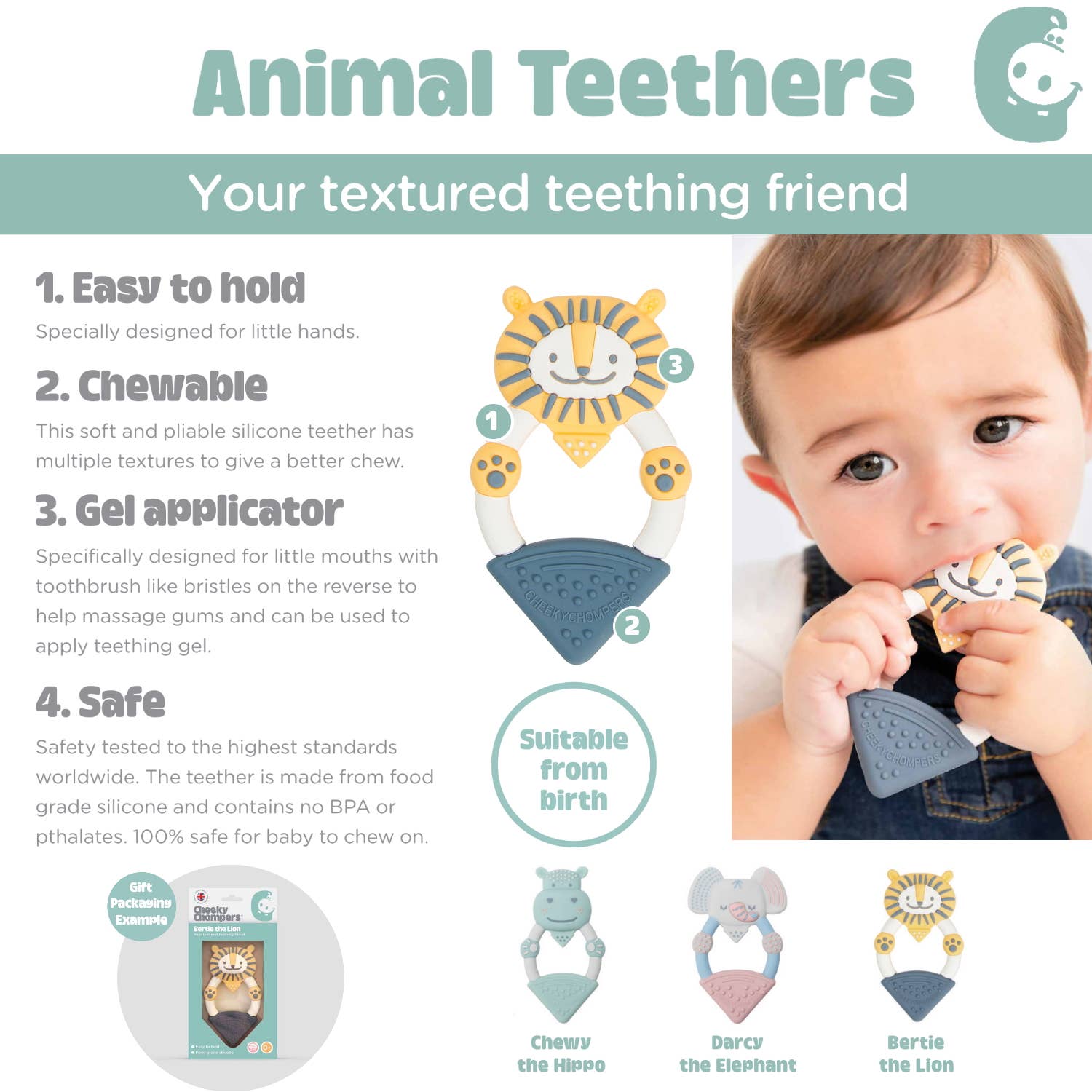 Cheeky Chompers Textured Baby Animal Teether - Darcy the Elephant