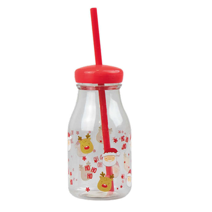 Christmas Milk Bottle with Lid and Straw