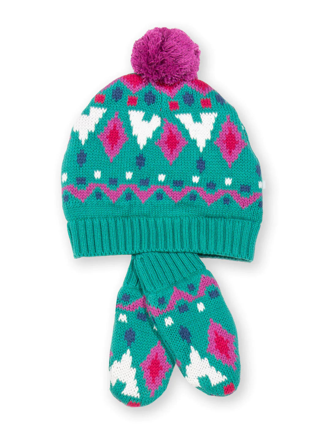 Kite Green and Pink Fair Isle Design Hat and Mittens