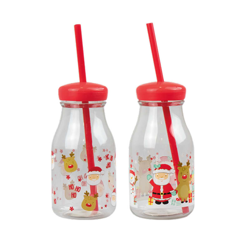 Christmas Milk Bottle with Lid and Straw