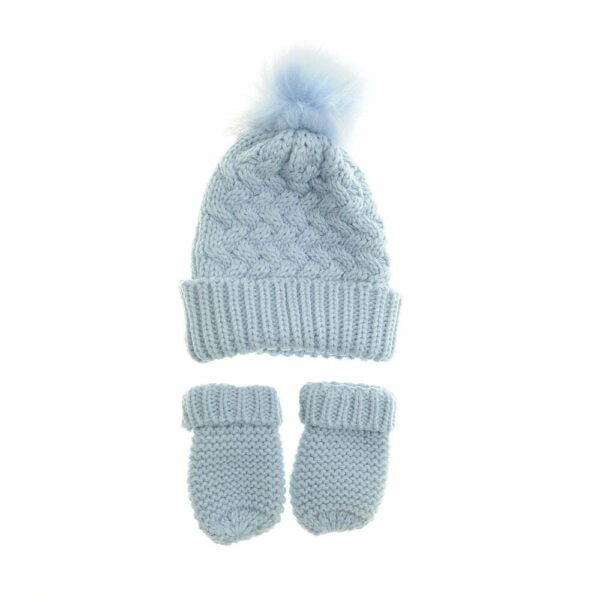 Blue Woolly Bobble Hat and Mittens Set