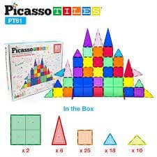 Picasso Tiles 61 Piece Magnetic Tiles Set Creative Building STEM toy kit playset is entertaining for toddler pretend play, preschool age child, boy and girl ages 3+