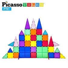 Picasso Tiles 61 Piece Magnetic Tiles Set Creative Building STEM toy kit playset is entertaining for toddler pretend play, preschool age child, boy and girl ages 3+